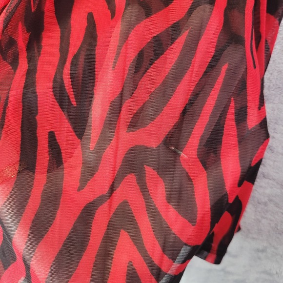 Ali Miles Red Black Zebra Print Mesh Sheer Tunic Top Bell Sleeve Mock Neck - Picture 7 of 9